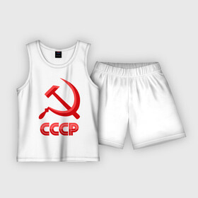 Детская пижама с шортами хлопок с принтом СССР Логотип в Кировске,  |  | Тематика изображения на принте: коммунизм | молот | партия | патриот | ретро | серп | ссср
