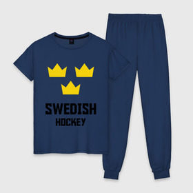 Женская пижама хлопок с принтом Swedish Hockey в Кировске, 100% хлопок | брюки и футболка прямого кроя, без карманов, на брюках мягкая резинка на поясе и по низу штанин | club | hockey | sweden | swedish | клуб | хоккей | шведский | швеция