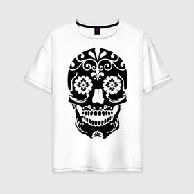 Женская футболка хлопок Oversize с принтом Расписной череп в Кировске, 100% хлопок | свободный крой, круглый ворот, спущенный рукав, длина до линии бедер
 | скелет