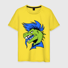Мужская футболка хлопок с принтом Динозавр панк в Кировске, 100% хлопок | прямой крой, круглый вырез горловины, длина до линии бедер, слегка спущенное плечо. | динозавр | ирокез | неформал | панк | раптор