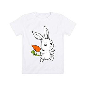 Детская футболка хлопок с принтом Зайка с морковкой в Кировске, 100% хлопок | круглый вырез горловины, полуприлегающий силуэт, длина до линии бедер | Тематика изображения на принте: белый | зайка | заяц | кролик | милый | морковь