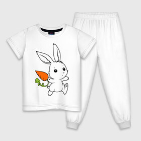 Детская пижама хлопок с принтом Зайка с морковкой в Кировске, 100% хлопок |  брюки и футболка прямого кроя, без карманов, на брюках мягкая резинка на поясе и по низу штанин
 | Тематика изображения на принте: белый | зайка | заяц | кролик | милый | морковь