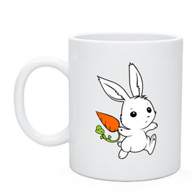 Кружка с принтом Зайка с морковкой в Кировске, керамика | объем — 330 мл, диаметр — 80 мм. Принт наносится на бока кружки, можно сделать два разных изображения | белый | зайка | заяц | кролик | милый | морковь