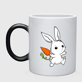 Кружка хамелеон с принтом Зайка с морковкой в Кировске, керамика | меняет цвет при нагревании, емкость 330 мл | белый | зайка | заяц | кролик | милый | морковь