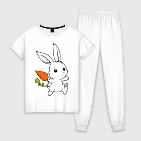 Женская пижама хлопок с принтом Зайка с морковкой в Кировске, 100% хлопок | брюки и футболка прямого кроя, без карманов, на брюках мягкая резинка на поясе и по низу штанин | Тематика изображения на принте: белый | зайка | заяц | кролик | милый | морковь