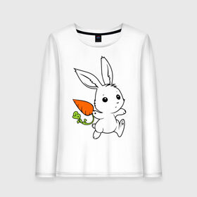 Женский лонгслив хлопок с принтом Зайка с морковкой в Кировске, 100% хлопок |  | белый | зайка | заяц | кролик | милый | морковь