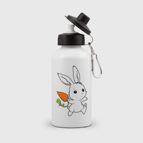 Бутылка спортивная с принтом Зайка с морковкой в Кировске, металл | емкость — 500 мл, в комплекте две пластиковые крышки и карабин для крепления | Тематика изображения на принте: белый | зайка | заяц | кролик | милый | морковь