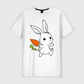 Мужская футболка премиум с принтом Зайка с морковкой в Кировске, 92% хлопок, 8% лайкра | приталенный силуэт, круглый вырез ворота, длина до линии бедра, короткий рукав | Тематика изображения на принте: белый | зайка | заяц | кролик | милый | морковь