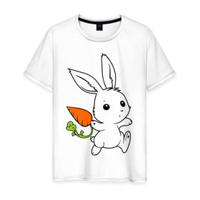 Мужская футболка хлопок с принтом Зайка с морковкой в Кировске, 100% хлопок | прямой крой, круглый вырез горловины, длина до линии бедер, слегка спущенное плечо. | белый | зайка | заяц | кролик | милый | морковь