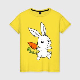 Женская футболка хлопок с принтом Зайка с морковкой в Кировске, 100% хлопок | прямой крой, круглый вырез горловины, длина до линии бедер, слегка спущенное плечо | Тематика изображения на принте: белый | зайка | заяц | кролик | милый | морковь
