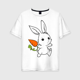Женская футболка хлопок Oversize с принтом Зайка с морковкой в Кировске, 100% хлопок | свободный крой, круглый ворот, спущенный рукав, длина до линии бедер
 | белый | зайка | заяц | кролик | милый | морковь