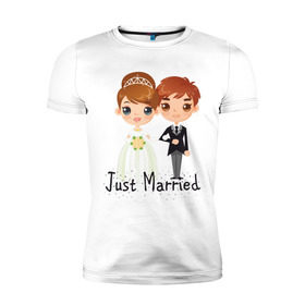 Мужская футболка премиум с принтом Жених и невеста в Кировске, 92% хлопок, 8% лайкра | приталенный силуэт, круглый вырез ворота, длина до линии бедра, короткий рукав | just | married | жених | молодожены | невеста | свадьба