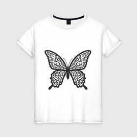 Женская футболка хлопок с принтом Бабочка с кружевными крыльями в Кировске, 100% хлопок | прямой крой, круглый вырез горловины, длина до линии бедер, слегка спущенное плечо | кружево | мотылек | силуэт | узор