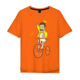 Мужская футболка хлопок Oversize с принтом Фредди на велосипеде в Кировске, 100% хлопок | свободный крой, круглый ворот, “спинка” длиннее передней части | queen | велосипед | меломанам | музыка | прикол | рок | фрэдди меркьюри