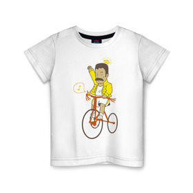 Детская футболка хлопок с принтом Фредди на велосипеде в Кировске, 100% хлопок | круглый вырез горловины, полуприлегающий силуэт, длина до линии бедер | Тематика изображения на принте: queen | велосипед | меломанам | музыка | прикол | рок | фрэдди меркьюри
