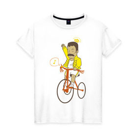 Женская футболка хлопок с принтом Фредди на велосипеде в Кировске, 100% хлопок | прямой крой, круглый вырез горловины, длина до линии бедер, слегка спущенное плечо | queen | велосипед | меломанам | музыка | прикол | рок | фрэдди меркьюри