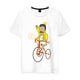 Мужская футболка хлопок с принтом Фредди на велосипеде в Кировске, 100% хлопок | прямой крой, круглый вырез горловины, длина до линии бедер, слегка спущенное плечо. | queen | велосипед | меломанам | музыка | прикол | рок | фрэдди меркьюри
