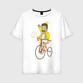 Женская футболка хлопок Oversize с принтом Фредди на велосипеде в Кировске, 100% хлопок | свободный крой, круглый ворот, спущенный рукав, длина до линии бедер
 | Тематика изображения на принте: queen | велосипед | меломанам | музыка | прикол | рок | фрэдди меркьюри