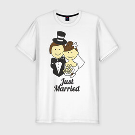 Мужская футболка премиум с принтом Just Married - Молодожены в Кировске, 92% хлопок, 8% лайкра | приталенный силуэт, круглый вырез ворота, длина до линии бедра, короткий рукав | just married | жених | молодожены | невеста | подарки | праздник | свадьби