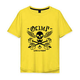 Мужская футболка хлопок Oversize с принтом Olimp live&fight в Кировске, 100% хлопок | свободный крой, круглый ворот, “спинка” длиннее передней части | olimp | гантели | кости | спорт | черепа
