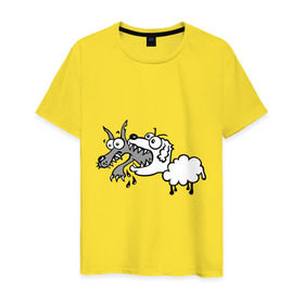 Мужская футболка хлопок с принтом Волк и овечка в Кировске, 100% хлопок | прямой крой, круглый вырез горловины, длина до линии бедер, слегка спущенное плечо. | баран | внезапно | волк | ловушка | овечка | овца
