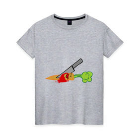 Женская футболка хлопок с принтом Морковь в Кировске, 100% хлопок | прямой крой, круглый вырез горловины, длина до линии бедер, слегка спущенное плечо | веган | кровь | морковь | нож