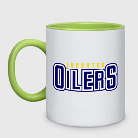 Кружка двухцветная с принтом HC Edmonton Oilers Sign в Кировске, керамика | объем — 330 мл, диаметр — 80 мм. Цветная ручка и кайма сверху, в некоторых цветах — вся внутренняя часть | Тематика изображения на принте: club | edmonton | hc | hockey | oilers | хоккей