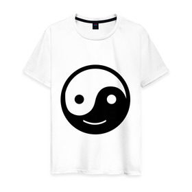 Мужская футболка хлопок с принтом Веселый Инь Янь в Кировске, 100% хлопок | прямой крой, круглый вырез горловины, длина до линии бедер, слегка спущенное плечо. | Тематика изображения на принте: веселый | инь | китай | смайл | улыбка | философия | ян | янь