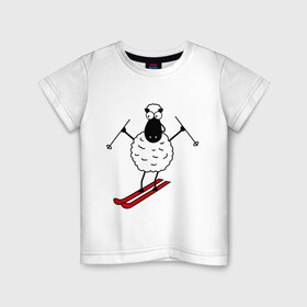 Детская футболка хлопок с принтом Овечка на лыжах в Кировске, 100% хлопок | круглый вырез горловины, полуприлегающий силуэт, длина до линии бедер | баран | год | гороскоп | зима | китайский | лыжи | новый год | овен | овца | снег