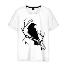 Мужская футболка хлопок с принтом Ворон в Кировске, 100% хлопок | прямой крой, круглый вырез горловины, длина до линии бедер, слегка спущенное плечо. | ветка | ворон | дерево | птица | сук