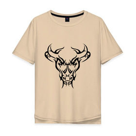 Мужская футболка хлопок Oversize с принтом Тату бык в Кировске, 100% хлопок | свободный крой, круглый ворот, “спинка” длиннее передней части | бык | голова | корова | рога | тату