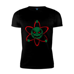 Мужская футболка премиум с принтом Злой атом в Кировске, 92% хлопок, 8% лайкра | приталенный силуэт, круглый вырез ворота, длина до линии бедра, короткий рукав | Тематика изображения на принте: атом | злобный | молекула | физика | химия