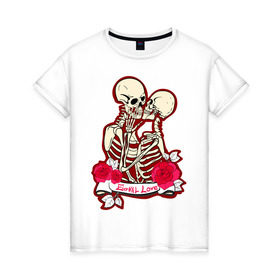 Женская футболка хлопок с принтом Вечная любовь в Кировске, 100% хлопок | прямой крой, круглый вырез горловины, длина до линии бедер, слегка спущенное плечо | Тематика изображения на принте: скелет