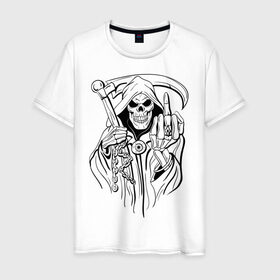 Мужская футболка хлопок с принтом Смерть с косой в Кировске, 100% хлопок | прямой крой, круглый вырез горловины, длина до линии бедер, слегка спущенное плечо. | скелет