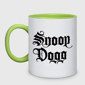Кружка двухцветная с принтом Snoop Dogg в Кировске, керамика | объем — 330 мл, диаметр — 80 мм. Цветная ручка и кайма сверху, в некоторых цветах — вся внутренняя часть | Тематика изображения на принте: rap | snoop dogg | музыка | рэп | снуп дог