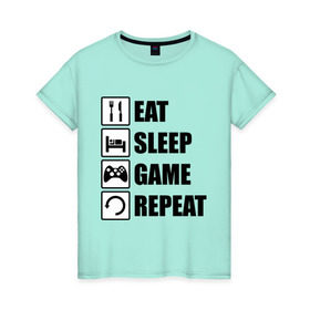Женская футболка хлопок с принтом Repeat в Кировске, 100% хлопок | прямой крой, круглый вырез горловины, длина до линии бедер, слегка спущенное плечо | eat | game | repeat | sleep | еда | знаки | игры | перезагрузка | сон