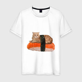 Мужская футболка хлопок с принтом Котосуши в Кировске, 100% хлопок | прямой крой, круглый вырез горловины, длина до линии бедер, слегка спущенное плечо. | киса | кот | котосуши | рис | суши еда
