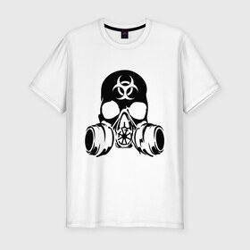 Мужская футболка премиум с принтом Радиоактивность в Кировске, 92% хлопок, 8% лайкра | приталенный силуэт, круглый вырез ворота, длина до линии бедра, короткий рукав | Тематика изображения на принте: биологическая угроза | противогаз | радиация | респиратор | череп