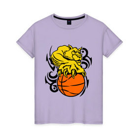 Женская футболка хлопок с принтом Тигр с мячом в Кировске, 100% хлопок | прямой крой, круглый вырез горловины, длина до линии бедер, слегка спущенное плечо | basketball | баскетбол | мяч | пантера | тигр