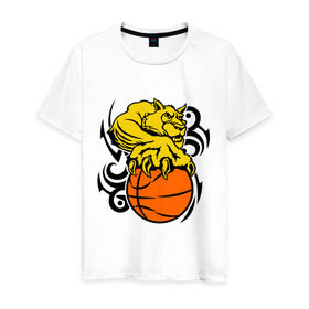 Мужская футболка хлопок с принтом Тигр с мячом в Кировске, 100% хлопок | прямой крой, круглый вырез горловины, длина до линии бедер, слегка спущенное плечо. | basketball | баскетбол | мяч | пантера | тигр