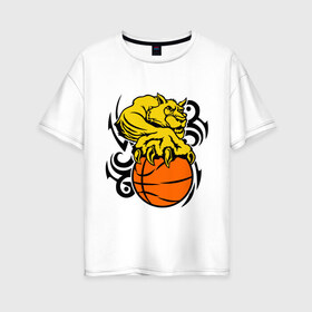 Женская футболка хлопок Oversize с принтом Тигр с мячом в Кировске, 100% хлопок | свободный крой, круглый ворот, спущенный рукав, длина до линии бедер
 | basketball | баскетбол | мяч | пантера | тигр