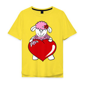 Мужская футболка хлопок Oversize с принтом Барашек с сердцем в Кировске, 100% хлопок | свободный крой, круглый ворот, “спинка” длиннее передней части | Тематика изображения на принте: 2015 | баран | барашек | коза | козочка | новый год | овечка | овца | рождество | сердце | цветок