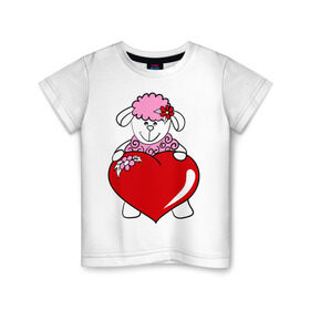 Детская футболка хлопок с принтом Барашек с сердцем в Кировске, 100% хлопок | круглый вырез горловины, полуприлегающий силуэт, длина до линии бедер | Тематика изображения на принте: 2015 | баран | барашек | коза | козочка | новый год | овечка | овца | рождество | сердце | цветок