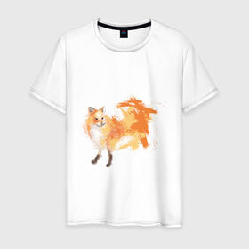 Мужская футболка хлопок с принтом Лиса акварель в Кировске, 100% хлопок | прямой крой, круглый вырез горловины, длина до линии бедер, слегка спущенное плечо. | fox | акварель | животные | лисы | мило