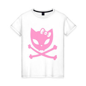 Женская футболка хлопок с принтом Плохая киска в Кировске, 100% хлопок | прямой крой, круглый вырез горловины, длина до линии бедер, слегка спущенное плечо | бант | киса | кости | кошка | череп