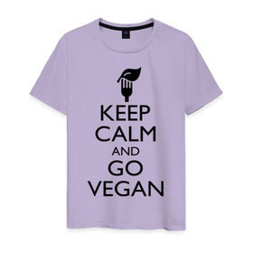 Мужская футболка хлопок с принтом Keep calm and go vegan в Кировске, 100% хлопок | прямой крой, круглый вырез горловины, длина до линии бедер, слегка спущенное плечо. | Тематика изображения на принте: keep calm | vegan | веган | вегетарианец | сохраняй спокойствие