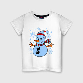 Детская футболка хлопок с принтом Снеговичок в Кировске, 100% хлопок | круглый вырез горловины, полуприлегающий силуэт, длина до линии бедер | Тематика изображения на принте: зима | новый год | снег | снеговик