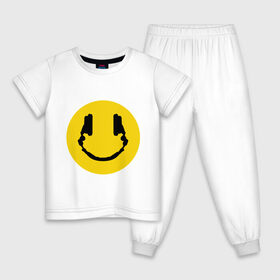 Детская пижама хлопок с принтом Smile Music в Кировске, 100% хлопок |  брюки и футболка прямого кроя, без карманов, на брюках мягкая резинка на поясе и по низу штанин
 | Тематика изображения на принте: music | smile | смайл наушники