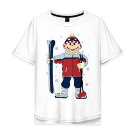 Мужская футболка хлопок Oversize с принтом Лыжник в Кировске, 100% хлопок | свободный крой, круглый ворот, “спинка” длиннее передней части | лыжи | лыжник | палки | снег | снежинки | спорт