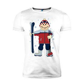 Мужская футболка премиум с принтом Лыжник в Кировске, 92% хлопок, 8% лайкра | приталенный силуэт, круглый вырез ворота, длина до линии бедра, короткий рукав | лыжи | лыжник | палки | снег | снежинки | спорт